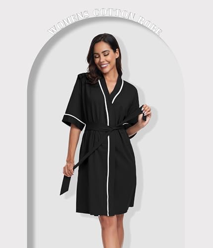 Image of ANLIQI Womens 100% Cotton Robes Lightweight Summer Short Sleeve Lady Bathrobe Knee Length Kimono Robe Sleepwear with Pockets