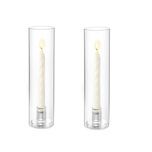 LANLONG Hurricane Glass Candle Holders Set of 2, 11.8in Clear Candlestick Holder for Taper Candles, Glass Tall Candle Holders for Table Centerpiece Wedding Party Event Decor