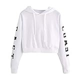YEBIRAL Damen Hoodie Mädchen Kapuzenpulli Briefdruck Bauchfrei Pullover Oberteile Kurz Sport Crop Tops Sweater Sweatshirt Sweatjacke(XS,Weiß)