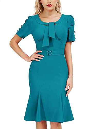Image of MUXXN Women's Vintage 1950s Midi Crew Neck Short Sleeve Party Cocktail Work Casual Bodycon Dress