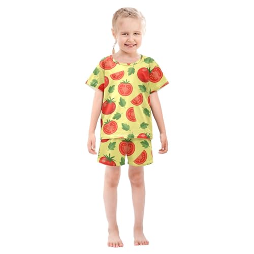 Pajama Short Sets Tomato Slice Leaf Pattern Soft Cotton Summer Sleepwear 2 Piece PJS Size 5-14T4