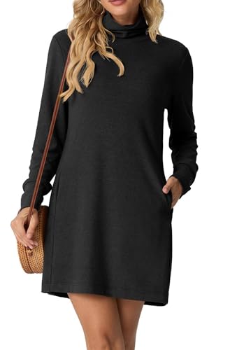 GRECERELLE Pulloverkleid Damen Winter Herbst Langärmliges Rollkragen-Minikleid Strickkleid mit Taschen, Elegantes Basic für Alltag | Knielang...