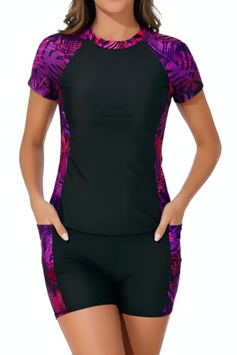 Image of Daci Short Sleeve Rash Guard 2 Piece Swimsuits with Bord Shorts | Sun Protection,Two Pockets,Clolor Block,High Waisted Short,High Neck,Quick Dry