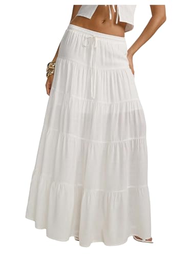 SOLY HUX Women's Ruffle Maxi Skirts Tie Front Elastic Waist Boho Flowy Flared Tiered Skirt