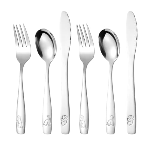 6pcs Childrens Cutlery Set Stainless Steel - Dinosaurs Kids Cutlery Set - Dishwasher Safe - 2 x Forks 2 x Dinner Knives 2 x Table Spoons - Childrens Dinner Knife and Fork Sets
