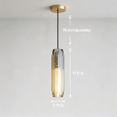 Image of 11.8 inch Modern Pendant Light Fixture with Amber Crystal Lampshade, Adjustable Hanging Ceiling Pendant Lighting for Kitchen Island Dining Room Bar Counter