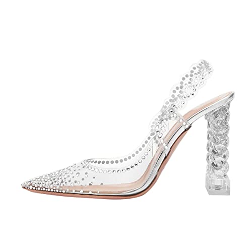 FSJ Women Golden Block High Heel Clear Pumps Pointed Toe Slip On Fashion Dress Party Evening Sexy Shoes Size 4-15 US2