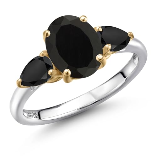 Gem Stone King 2.76 Cttw Black Onyx 3-Stone Engagement Ring For Women | 925 Silver and 10K Yellow Gold | Oval 9X7MM and Pear Shape 6X4MM | 3 Stone Wedding Anniversary Promise Ring