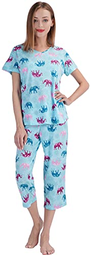 XonyiCos Damen Pyjama Sets - Caprihose mit Kurzarm Oberteil, große Größe Baumwolle Nachtwäsche Cartoon Bedruckt Lounge Outfit, Elefant, L Cover