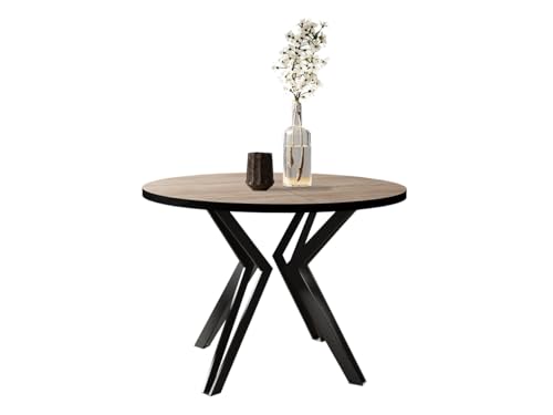 Mirjan24 Mesa de comedor extensible Rossir, mesa de cocina redonda con 2 entradas, patas de acero, práctica mesa para comedor, mesa de comedor, mesa de trabajo (negro/roble sonoma)