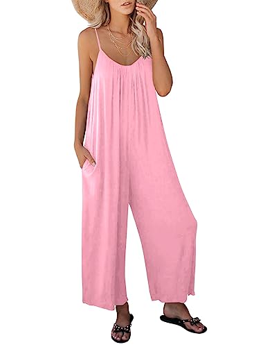 Image of ANRABESS Women Jumpsuits 2026 Casual Sleeveless Spaghetti Strap Boho Wide Leg Rompers Summer Outfits Beach Vacation Clothes