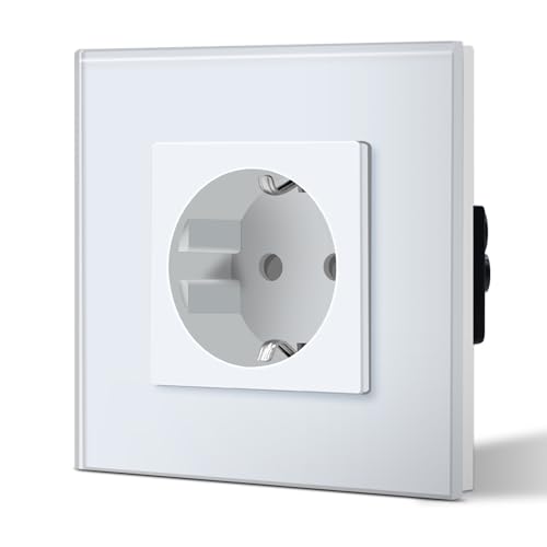 BSEED Enchufe de Pared con Cristal,Enchufes Empotrable Estándar,Schuko Enchufe Simple 16A 250V,Toma de Corriente para Cocina,Dormitorio,Oficina,Hotel,M Serie,1 Enchufe,86mm Blanco