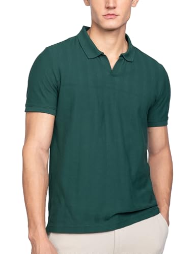 Image of DAMENSCH Men Rich Pique, Statement Textured, Body-Cooling All Degree, Premium Cotton, Herringbone Texture Johnny Collar Polo T-Shirt