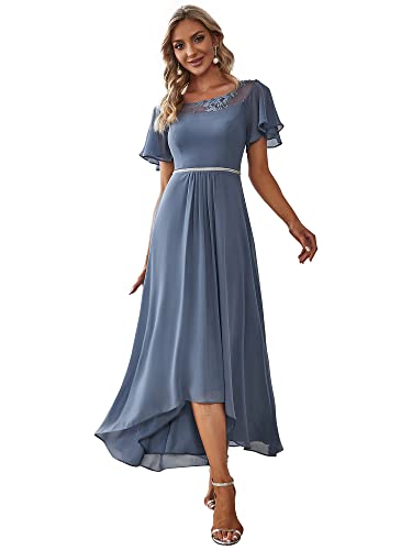 Ever-Pretty Vestido de Noche Largo para Mujer Alto Bajo Escote Redondo Manga Corta A-línea Armada Polvorienta 36