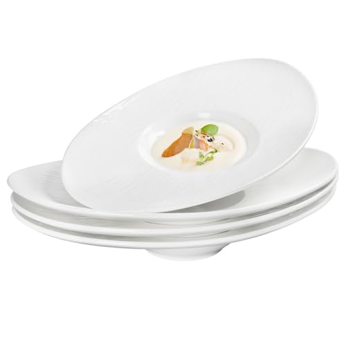 dingdaer Soup Plates Fine Soup bowls Set of 4, 10.5 Inch Ceramics Oval Rimmed Small Mouth Pasta Plates, for high end restaurants and best choice for gourmets, Modern and stylish tableware