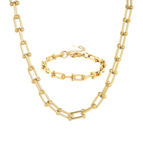 JJDreams Homme Collier et Bracelet Acier inoxydable Chaînes de sabot Collier Bracelet Set,Or