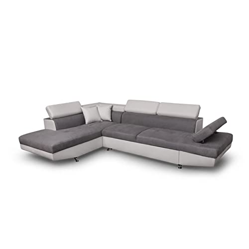 Loungitude - Canapé d'angle convertible 5 places avec coffre de rangement en microfibre et simili - Gris/Blanc