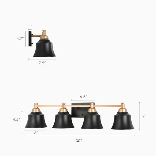 Image of KSANA Bathroom Light Fixtures, 4 Light Black and Gold Powder Room Wall Lights Over Mirror, 30 Inch Modern Farmhouse Metal Vanity Lights