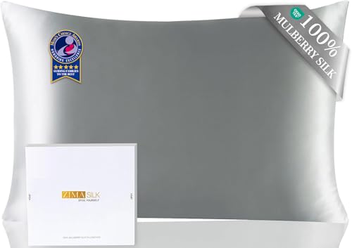 ZIMASILK Upgraded 100% 6A Grade Pure Mulberry Silk Pillowcase for Hair and Skin Silk Pillow Cases with Reinforced Hidden Zipper, More Soft & Durable, Gift Box (Standard 20'x26' Grey)