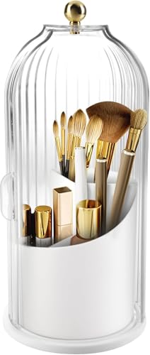 Image of 360Rotating Makeup Brushes holder with Lid，Make Up Organizers and Storage for Vanity Countertop or Bedroom Dresser (Transperent)
