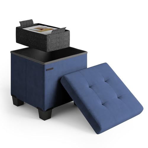 Storage Ottoman Cube with Small Bin, 15-in Square Ottoman with Storage for Living Room and Bedroom, Small Ottomans Foot Rest, Velvet Foot Stools Ottomans Max 330lbs, Blue