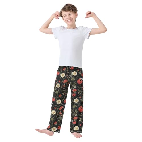 Boys' Pants Red Ladybug Leaves Flower Long Bottoms Jogger Pants Elastic Waist Trousers with Pockets S-XL2