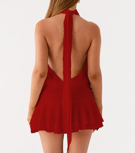 Image of Women's 2026 Summer Halter Dress Sleeveless Open Back Ruffle Tiered Layered Chiffon Pleated A Line Swing Mini Dress