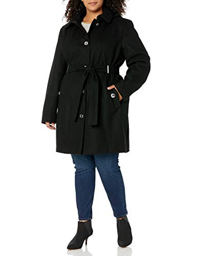 Calvin Klein Womens Plus Sized Wool with Button Front and Belt, BLK, 1X