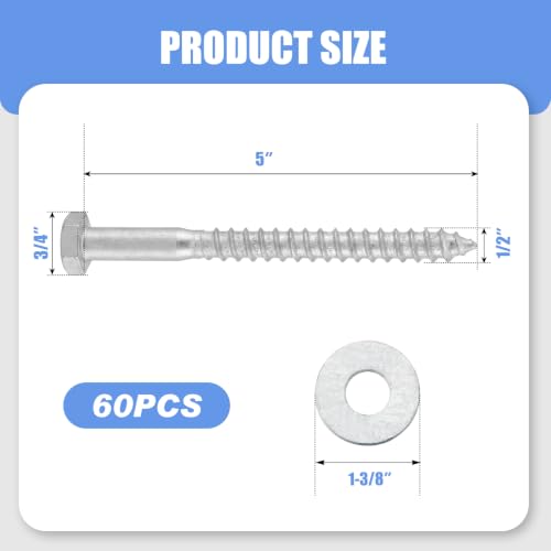 Image of Hicarer 60 Pcs 1 /2 inch X 5 inch Hex Head Lag Screws Bolts with Washers Kit for Wood Hot Dip Galvanized Lag Bolts Heavy Duty Screws Kit