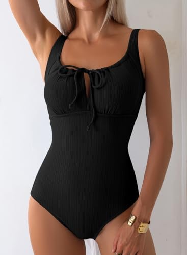 Image of Aleumdr Womens Textured One Piece Swimsuit Tummy Control Bathing Suit Tie Knot Cutout Swimwear