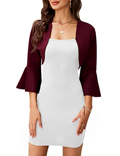 Image of Cropped Cardigans for Women, 3 /4 Bell Sleeve Bolero Shrug Open Front Bolero Jackets for Evening Dresses Wine Red M