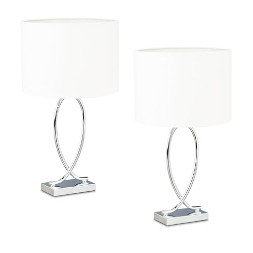 Relaxdays Lampada da Tavolo, Set 2 Abat Jour in Tessuto e Ferro, E27, 51x28x18 cm, Luce Comodino Camera, Argento Bianco