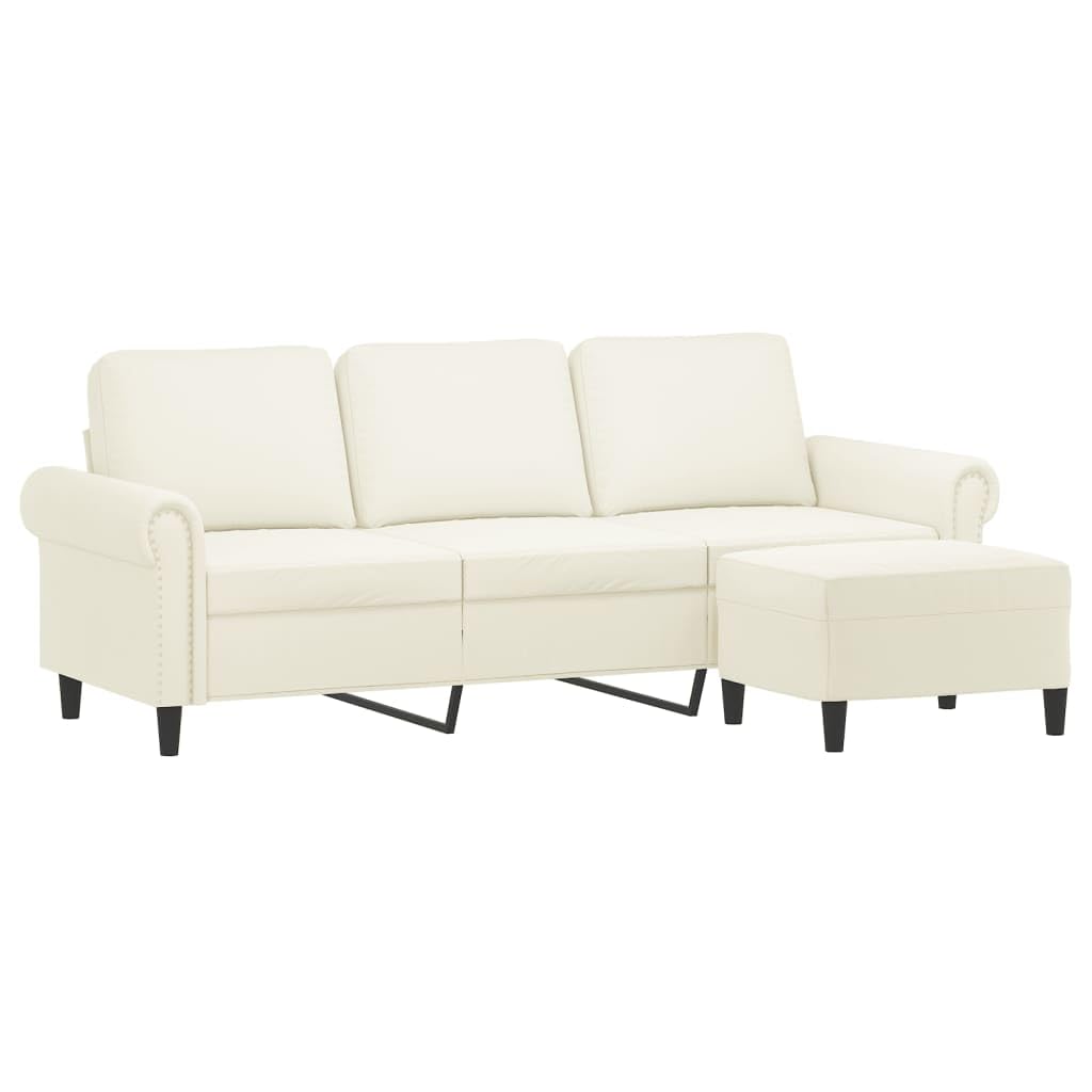 Sofa 3-osobowa z taboretem, kremowa, 180 cm aksamitu, wytrzymała metalowa rama, przytulna, do salonu, nowoczesne wzornictwo