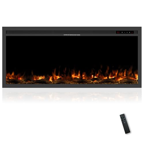 42" Electric Fireplace, Ultra-Thin Recessed/Wall Mounted Electric Fireplace, Remote Control with App, 12 Adjustable Flame Colors & Carbon Bed Colors, Timer, 1500W, Black