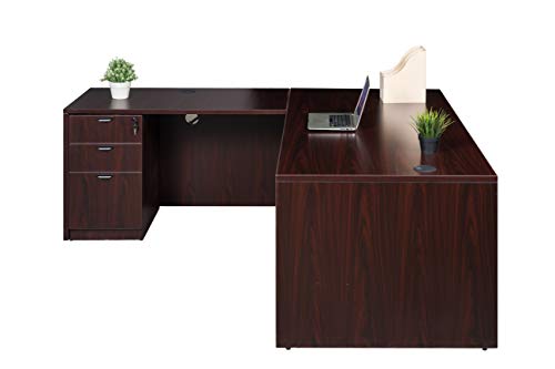 Boss Office Products Holland Series 42' Executive L-Shape Corner Desk with File Storage Pedestal, Mahogany