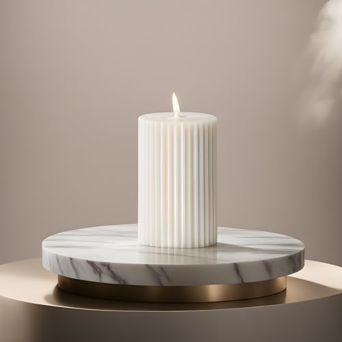 Image of Luces White Soy Wax Pillar Candle Set Of 3 Pcs Ribbed Vanilla Scented Pillar Candles For Home Decor Diwali Wedding Valentine Church X-Mass Spa Dinner Table