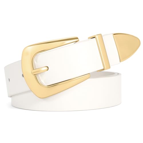 WHIPPY Women Leather Belt for Jeans Pants Dresses Fashion Ladies Western Leather Belt with Solid Gold Buckle L White
