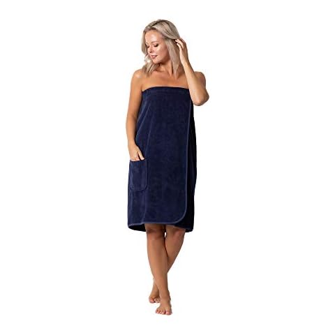 Women’s Terry Cloth Spa and Bath Towel Wrap with Adjustable Closure & Elastic Top, Navy, Medium Cover