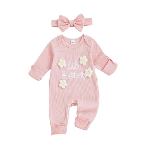 Image of Honganda Newborn Girl Clothes Baby Girl Coming Home Outfit Long Sleeve Little Sister Jumpsuit Lil Sis Romper with Headband