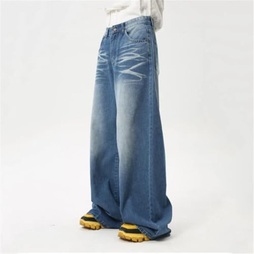 Men's High Street Jeans Water Washed Folded Draping Wide Leg Denim Pants 7