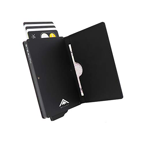 STEALTH WALLET Porte-Cartes RFID Minimaliste - Titulaire de la Carte Minces en Aluminium Léger et Bloquant Les Portefeuilles NFC (Noir avec Cuir Cheval Fou Noir Pleine Fleur)