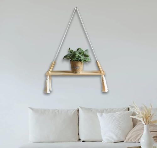 Image of Macrame Wall Hanging Shelf for Home Decor | Bohemian Floating Wooden Shelve for Bedroom, Living Room, Nursery and Marriage Party Decoration, White, Pack of 2 Pieces (Large)