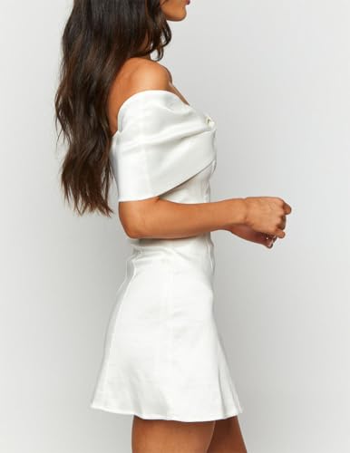 Women's Elegant Satin Off Shoulder Bow Front Mini Dress Stretchy Fitted Bodycon Party Club Cocktail Dress2