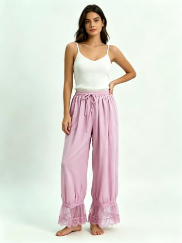 Image of UAURORAO Women Lace Trim Bloomer Pants Flowy Culottes Pantaloons Bloomers