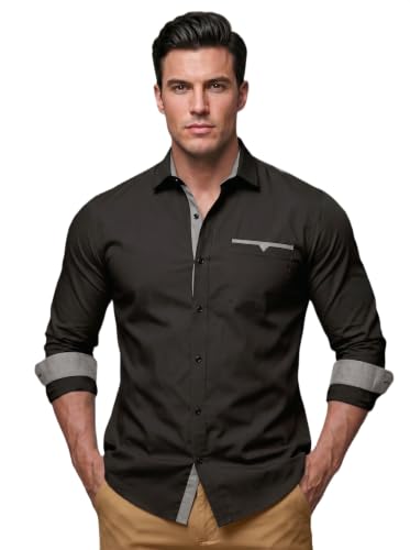 Image of Men's Cotton Blend Shirt with Solid Long Sleeves Spread Coller Neck Regular Fit Single Chest Pocket and Standard Length | Cotton Casual Shirt for Man