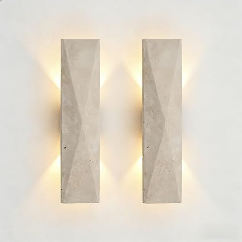 Aolyzmt 2-Pack 12.6in Japanese Style LED Wall Sconce Natural Yellow Travertine Cave Stone Outdoor Wall Light -Waterproof 18W 3000K Warm White Global Voltage 110V-240V for Porch Living Room Bedroom