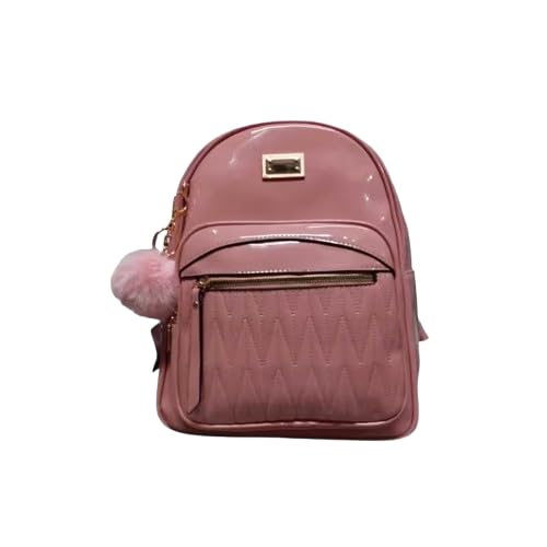 Mochila Feminina de Verniz, Casual, Poliéster, Grande, Impermeável, Retangular, Acompanha Chaveiro Pompom