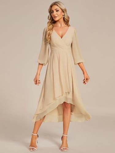 Image of Ever-Pretty Women's Chiffon V Neck Long Sleeves A-Line Midi Length Wedding Guest Dress Cocktail Party Formal Dresses 01926