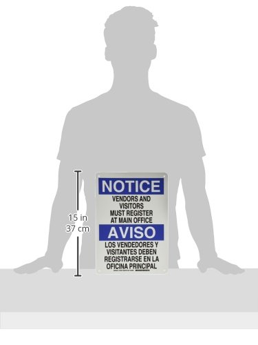 Brady 125076 Bilingual Sign, Legend "Vendors And Visitors Must Register At Main Office", 14" Height, 10" Weight, Black And Blue On White #TOP1