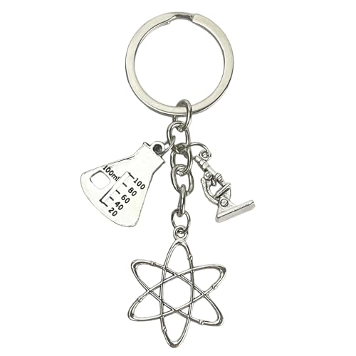 Llavero química - Llaveros de químico con Átomo, Microscopio y Probeta de laboratorio - Llavero de ciencia para amantes de la física y la química - Regalo original para químicos - Llavero